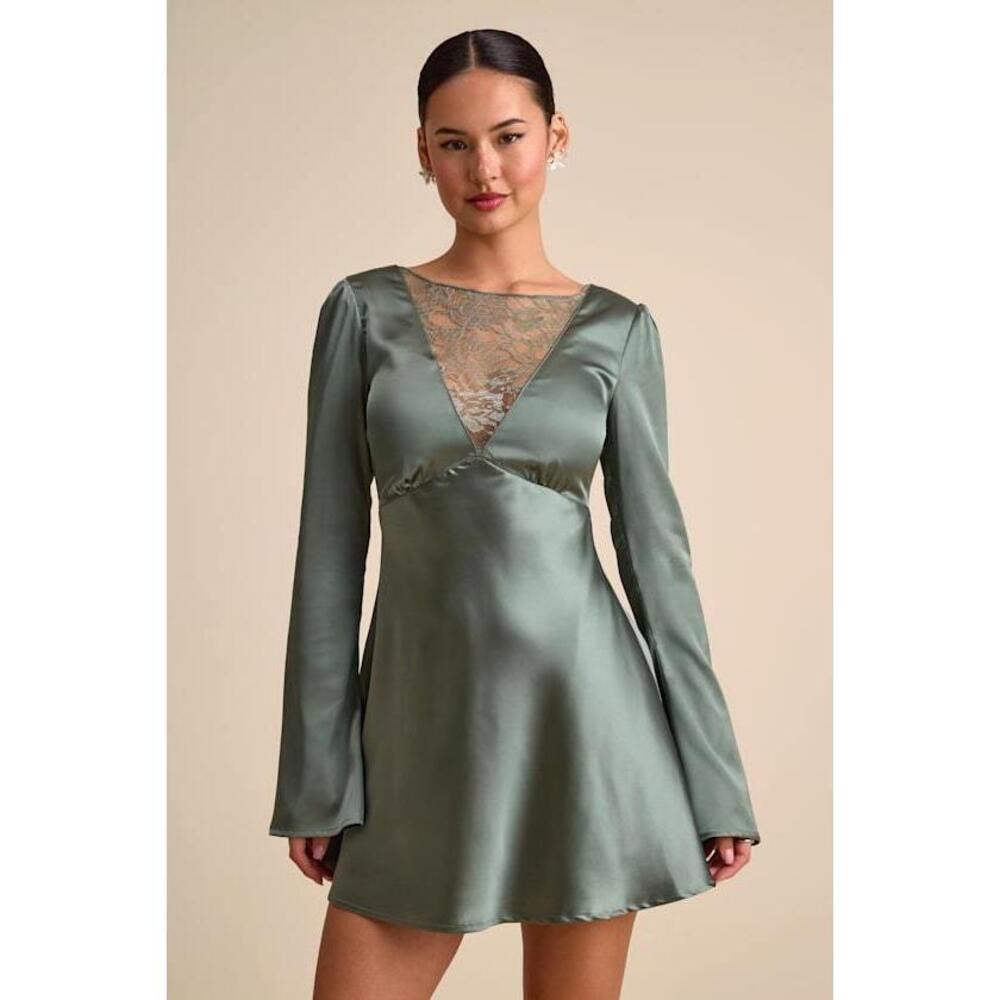 Lulus Emberlyn Sage Green Satin Lace Long Sleeve Mini Dress - Size S